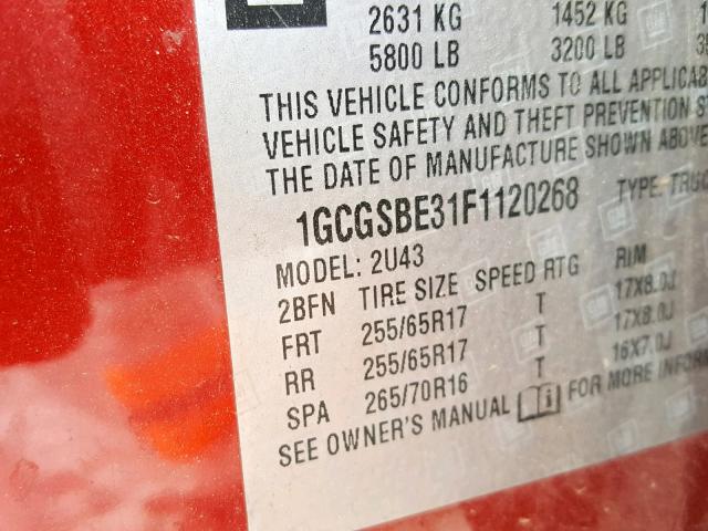 1GCGSBE31F1120268 - 2015 CHEVROLET COLORADO L RED photo 10