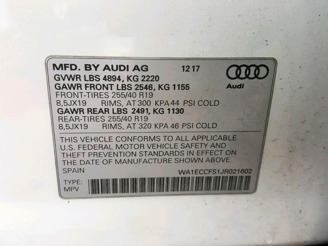 WA1ECCFS1JR021602 - 2018 AUDI Q3 PREMIUM WHITE photo 10