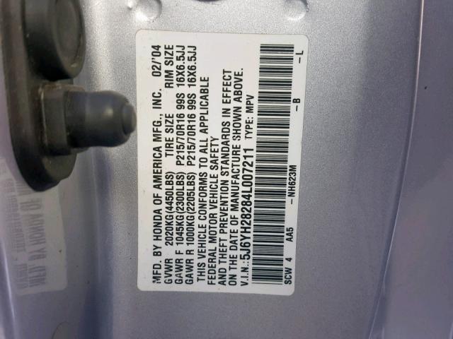 5J6YH28284L007211 - 2004 HONDA ELEMENT DX GRAY photo 10