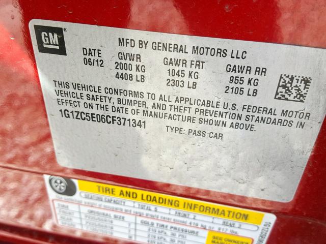 1G1ZC5E06CF371341 - 2012 CHEVROLET MALIBU 1LT 红色 照片 10