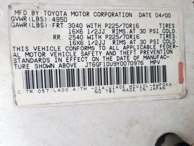 JT6GF10U9Y0070976 - 2000 LEXUS RX 300 WHITE photo 10