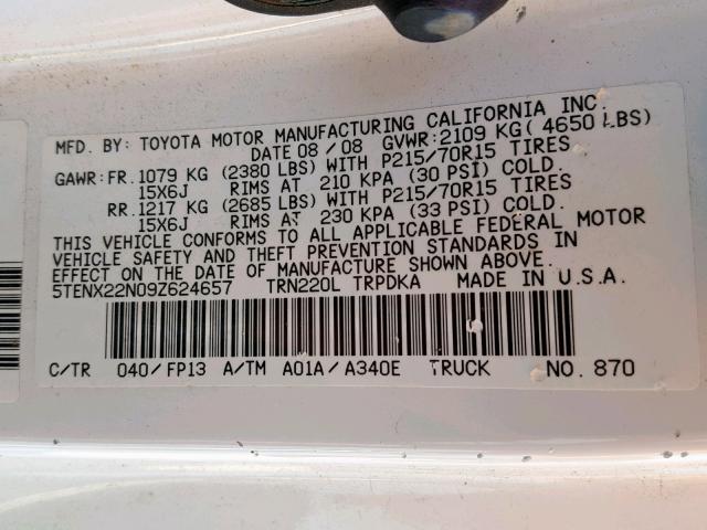 5TENX22N09Z624657 - 2009 TOYOTA TACOMA WHITE photo 10