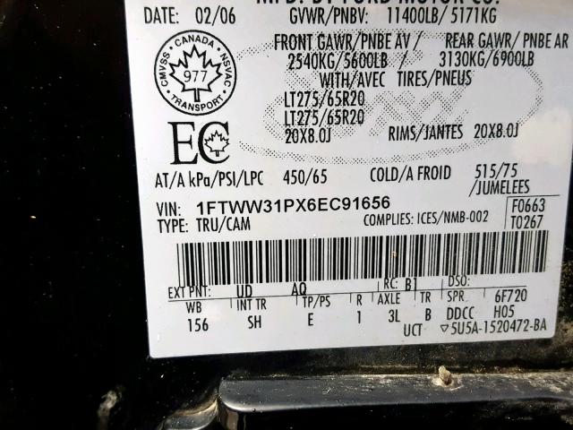 1FTWW31PX6EC91656 - 2006 FORD F350 SRW S BLACK photo 10