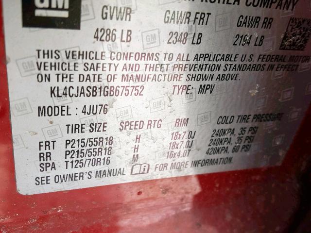 KL4CJASB1GB675752 - 2016 BUICK ENCORE RED photo 10