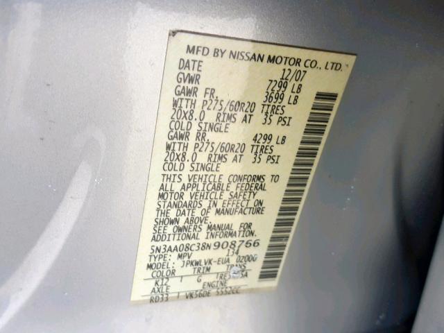 5N3AA08C38N908766 - 2008 INFINITI QX56 GRAY photo 10