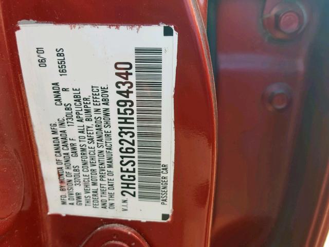 2HGES16231H594340 - 2001 HONDA CIVIC DX RED photo 10