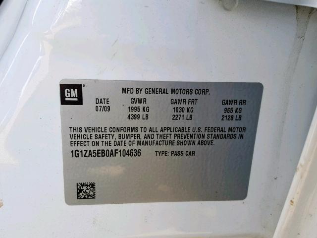 1G1ZA5EB0AF104636 - 2010 CHEVROLET MALIBU LS WHITE photo 10