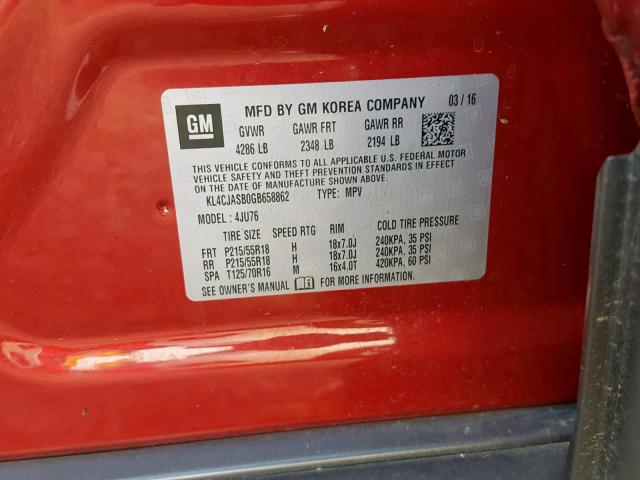 KL4CJASB0GB658862 - 2016 BUICK ENCORE RED photo 10