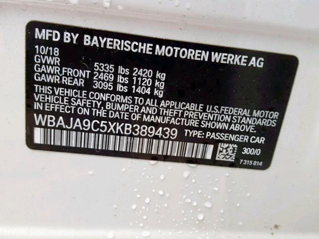 WBAJA9C5XKB389439 - 2019 BMW 530E WHITE photo 10