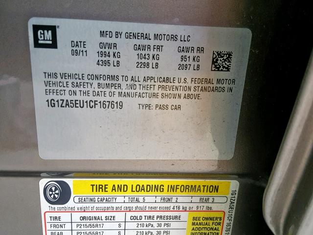 1G1ZA5EU1CF167619 - 2012 CHEVROLET MALIBU LS BROWN photo 10