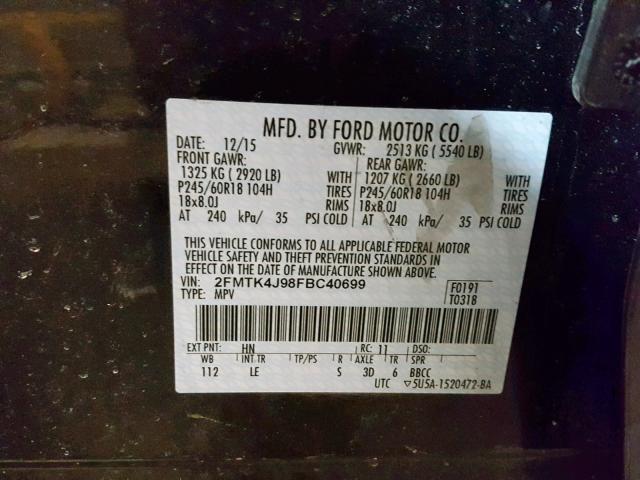 2FMTK4J98FBC40699 - 2015 FORD EDGE SEL BLACK photo 10