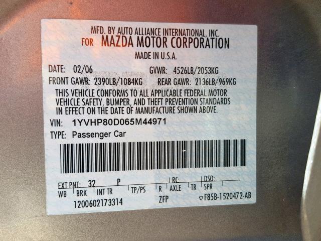 1YVHP80D065M44971 - 2006 MAZDA 6 S GRAY photo 10