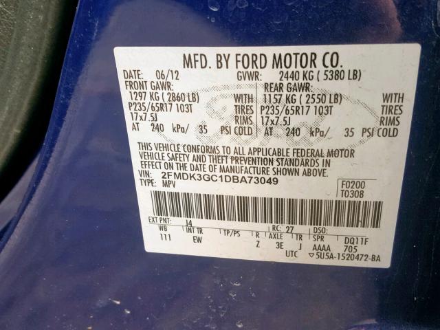 2FMDK3GC1DBA73049 - 2013 FORD EDGE SE BLUE photo 10