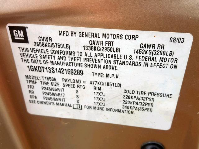 1GKDT13S142169289 - 2004 GMC ENVOY TAN photo 10