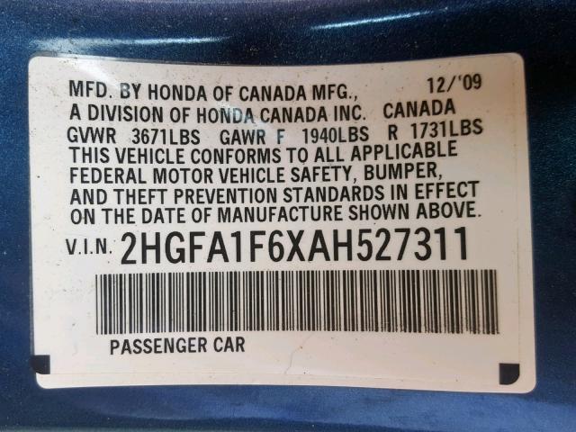 2HGFA1F6XAH527311 - 2010 HONDA CIVIC LX-S 蓝色 照片 10