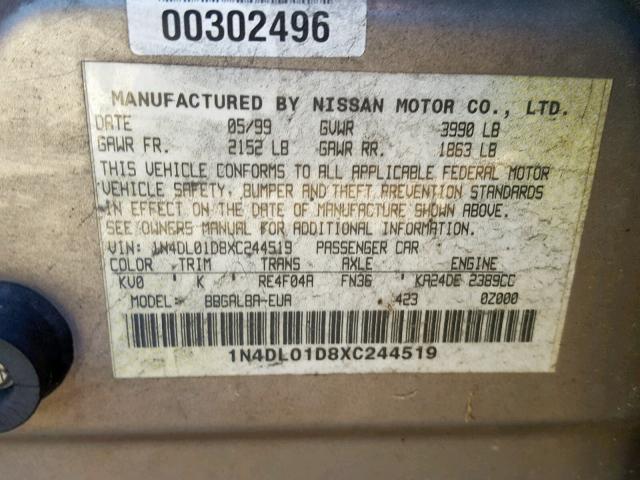 1N4DL01D8XC244519 - 1999 NISSAN ALTIMA XE SILVER photo 10