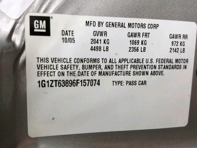 1G1ZT63896F157074 - 2006 CHEVROLET MALIBU MAX SILVER photo 10