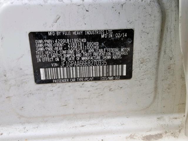 JF1GPAA66E8270335 - 2014 SUBARU IMPREZA WHITE photo 10