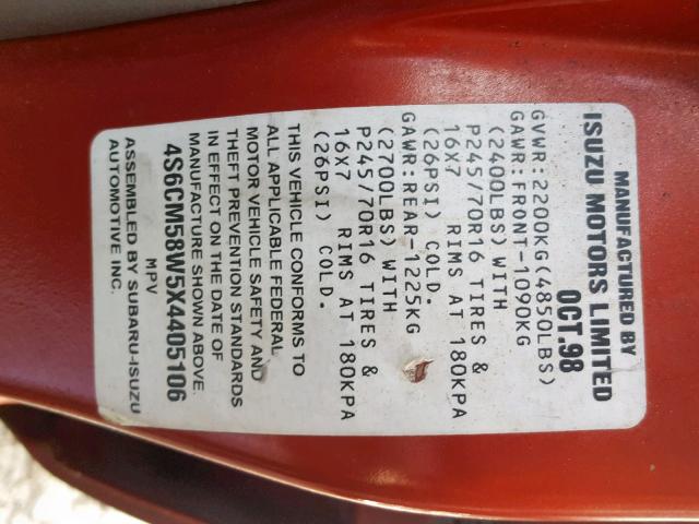 4S6CM58W5X4405106 - 1999 HONDA PASSPORT E 红色 照片 10
