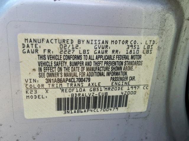 3N1AB6AP4CL700479 - 2012 NISSAN SENTRA 2.0 SILVER photo 10