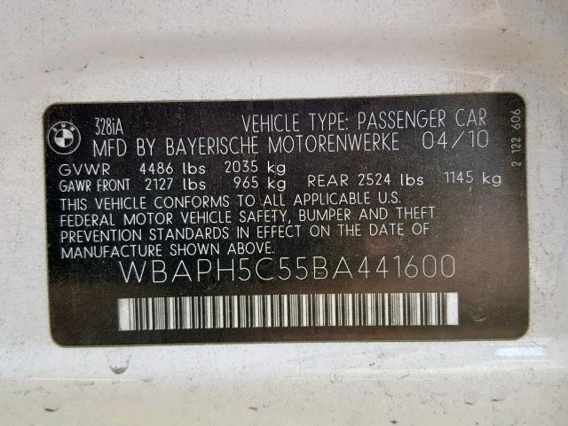 WBAPH5C55BA441600 - 2011 BMW 328 I SULE WHITE photo 10