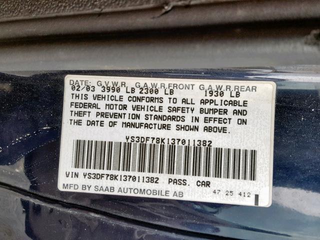 YS3DF78K137011382 - 2003 SAAB 9-3 SE BLUE photo 10