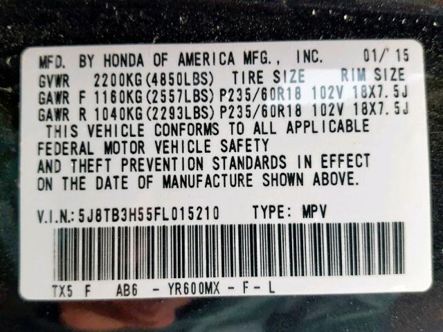 5J8TB3H55FL015210 - 2015 ACURA RDX TECHNO BROWN photo 10