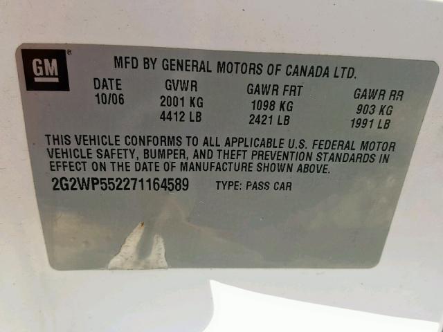 2G2WP552271164589 - 2007 PONTIAC GRAND PRIX WHITE photo 10