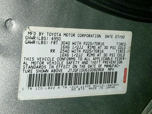 JTJGF10U610082868 - 2001 LEXUS RX 300 SILVER photo 10