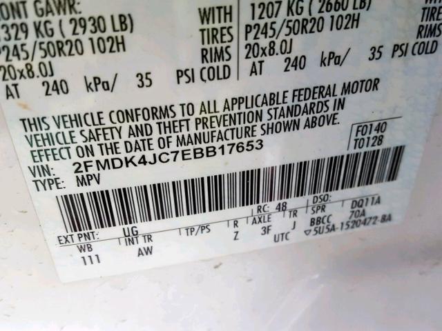 2FMDK4JC7EBB17653 - 2014 FORD EDGE SEL WHITE photo 10