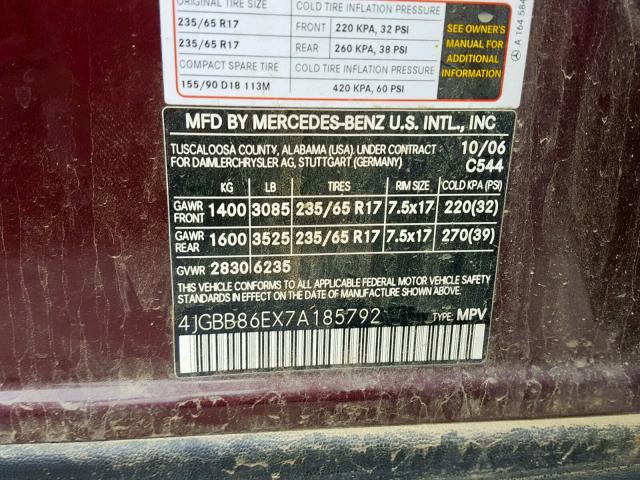 4JGBB86EX7A185792 - 2007 MERCEDES-BENZ ML 350 BURGUNDY photo 10