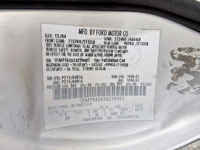 1FAFP56265A229401 - 2005 FORD TAURUS SEL SILVER photo 10