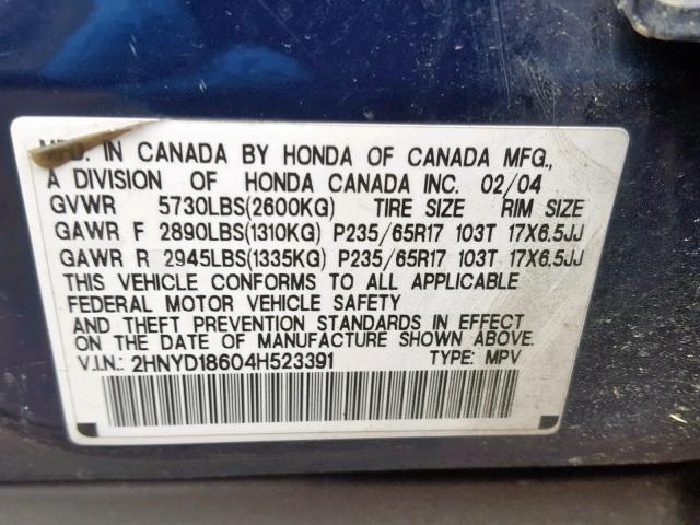 2HNYD18604H523391 - 2004 ACURA MDX TOURIN BLUE photo 10