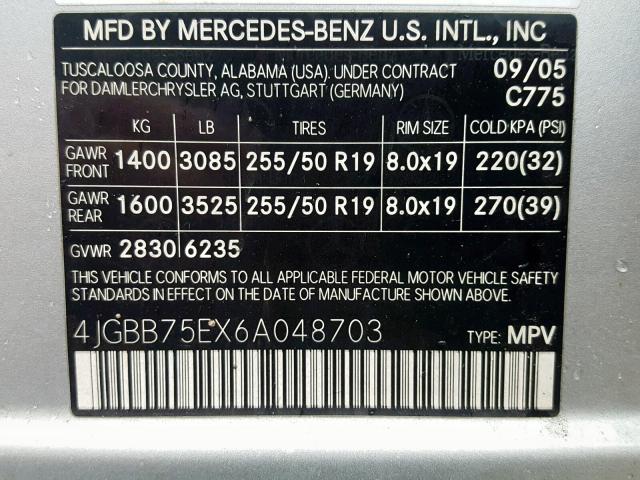 4JGBB75EX6A048703 - 2006 MERCEDES-BENZ ML 500 SILVER photo 10