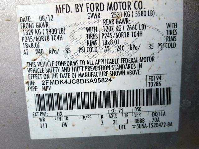 2FMDK4JC8DBA95824 - 2013 FORD EDGE SEL GOLD photo 10