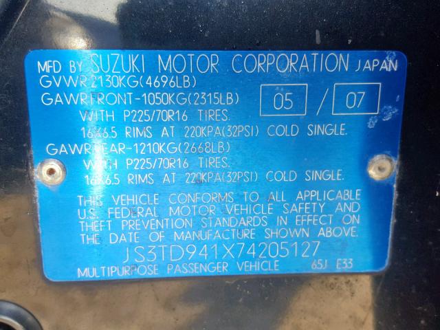 JS3TD941X74205127 - 2007 SUZUKI GRAND VITA BLACK photo 10