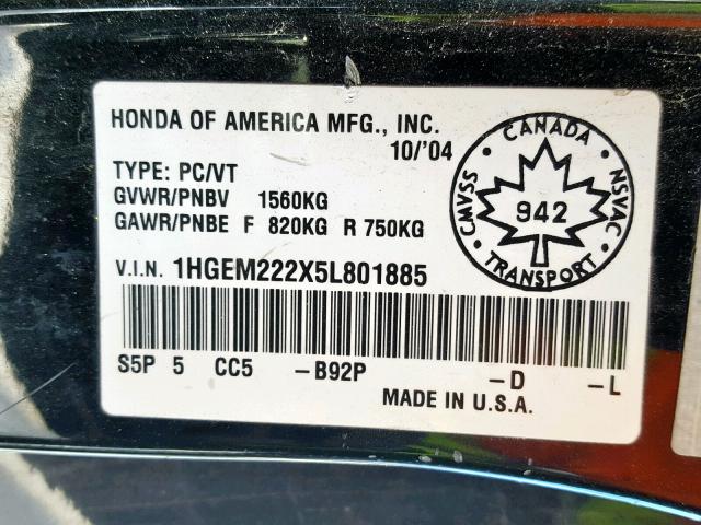 1HGEM222X5L801885 - 2005 HONDA CIVIC DX BLACK photo 10