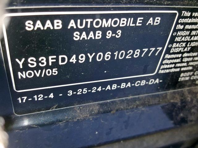 YS3FD49Y061028777 - 2006 SAAB 9-3 BLUE photo 10