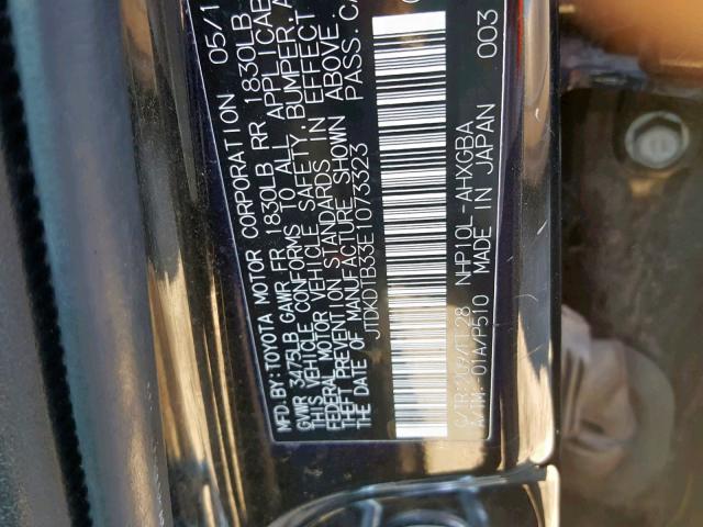 JTDKDTB33E1073323 - 2014 TOYOTA PRIUS C BLACK photo 10