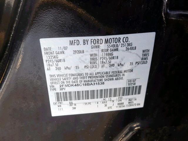 2FMDK48C18BA31538 - 2008 FORD EDGE SEL BLACK photo 10