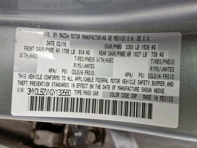 3MYDLBZVXGY132560 - 2016 TOYOTA SCION IA SILVER photo 10