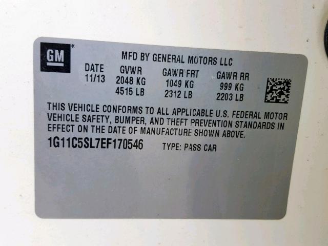 1G11C5SL7EF170546 - 2014 CHEVROLET MALIBU 1LT 奶油色 照片 10