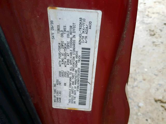 4TANL42N8YZ581859 - 2000 TOYOTA TACOMA RED photo 10
