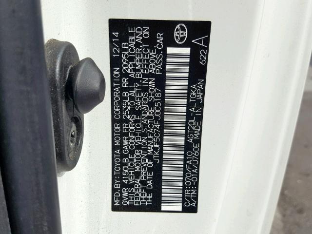 JTKJF5C74FJ005187 - 2015 TOYOTA SCION TC თეთრი ფოტო 10