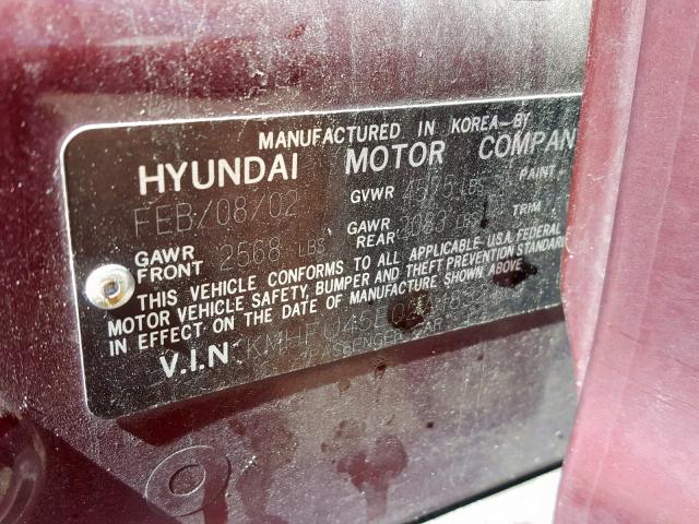 KMHFU45E02A183211 - 2002 HYUNDAI XG 350 MAROON photo 10