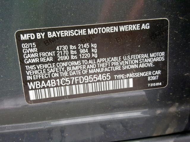 WBA4B1C57FD955465 - 2015 BMW 435 I GRAY photo 10