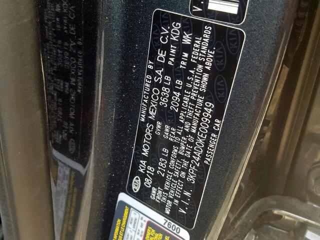 3KPF24AD0KE009949 - 2019 KIA FORTE FE GRAY photo 10