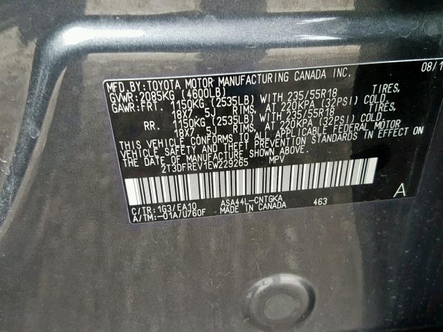 2T3DFREV1EW229265 - 2014 TOYOTA RAV4 LIMIT GRAY photo 10