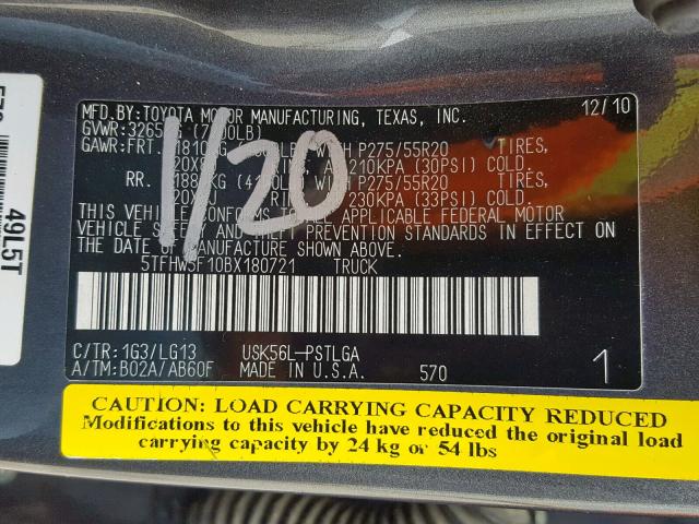 5TFHW5F10BX180721 - 2011 TOYOTA TUNDRA CRE GRAY photo 10