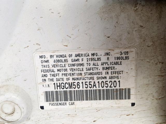 1HGCM56155A105201 - 2005 HONDA ACCORD DX WHITE photo 10